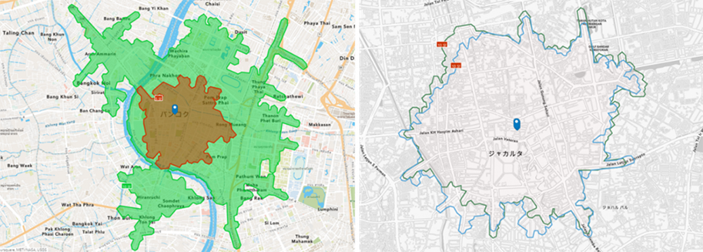 （左）バンコク中心部の自動車5・10分圏、（右）ジャカルタ中心部の自動車 10 分圏